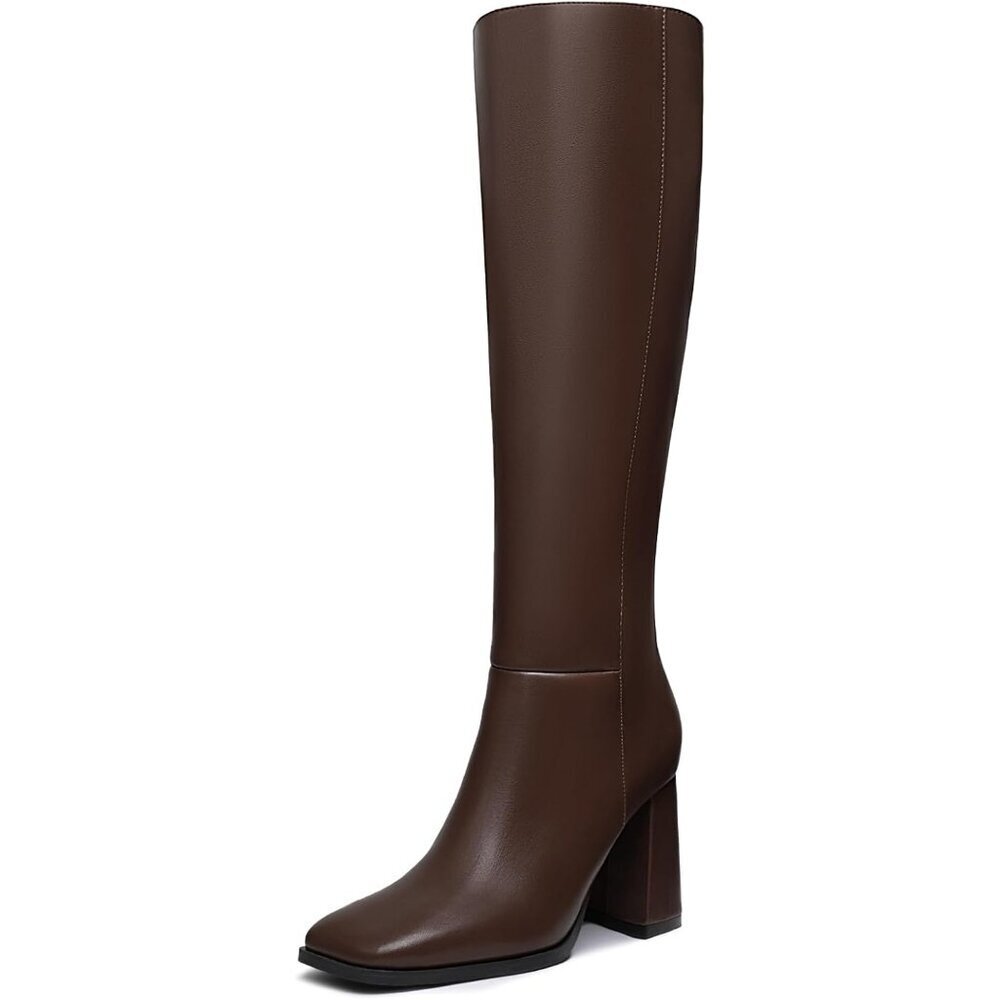 Women's Faux Leather Brown Square Toe Side Zipper Chunky Heel Knee High Boots
